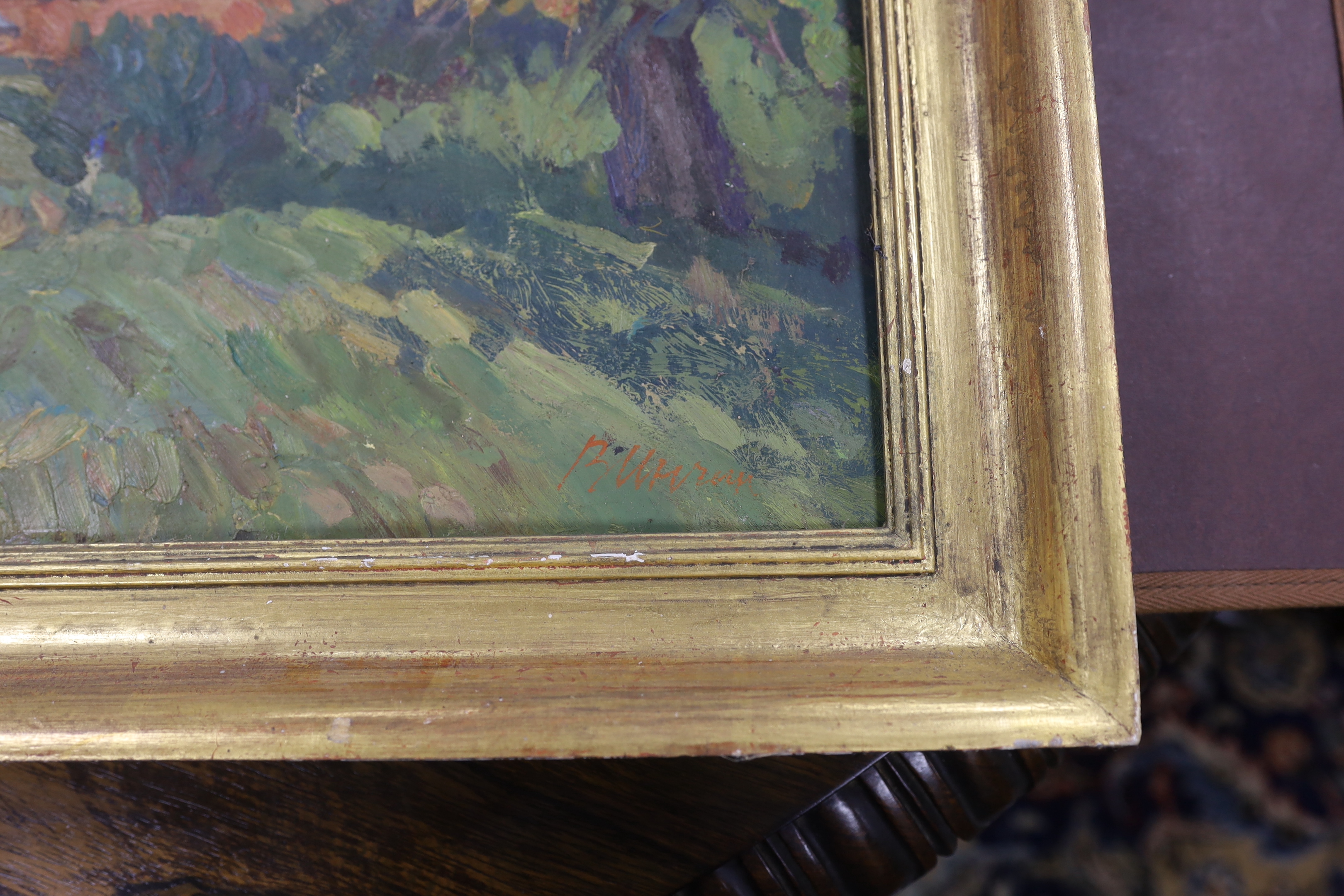 Russian school, oil on board, landscape, signed, inscribed in Cyrillic verso, 48 x 78cm